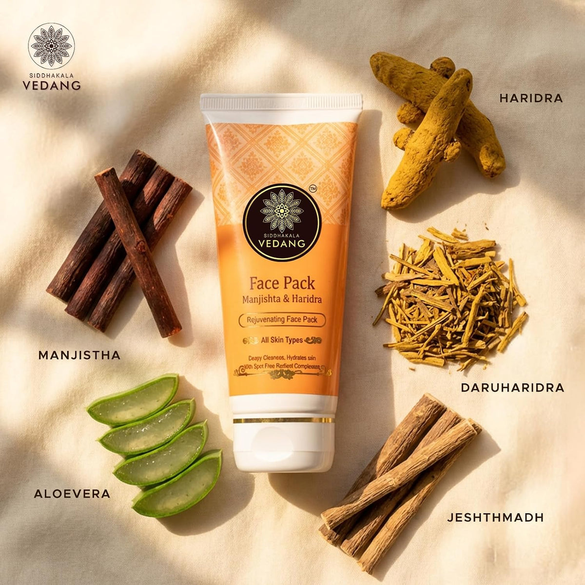 Face Pack (Manjishta & Haridra) for Glowing Skin & Tan Removal | Ayurvedic Blend with Daruharidra, Jeshthmadh, Aloe vera, Kaolin Clay - 100ml (Pack of 1) Fresh