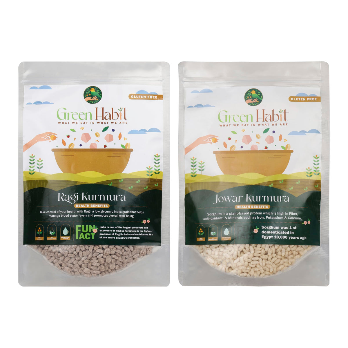 Greenhabit Jowar & Ragi Kurumura Combo a.k.a Sorghum Puff & Finger millet Puffs for Healthy Breakfast Snack Food (Puffed Jowari 200g & Puffed Ragi 200g pack eac
