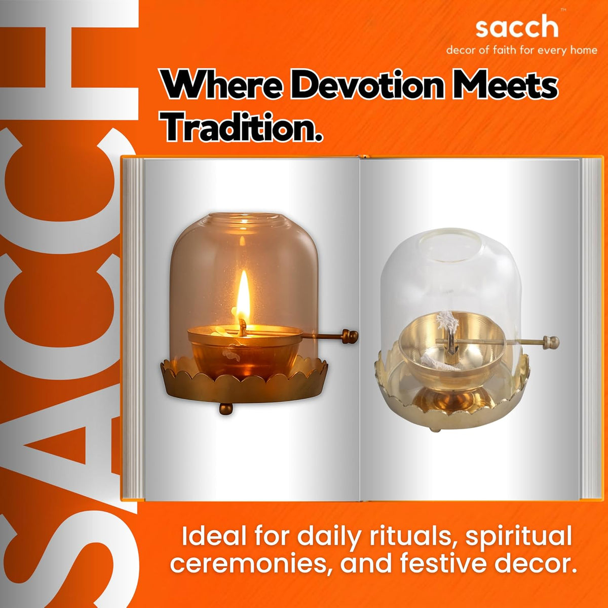 Sacch Akhand Brass Oil Diya with Glass Cover | Adjustable Wick Lamp for Pooja | 4.25 Inch Height, 260gms Wt, 40Ml Oil Capacity.