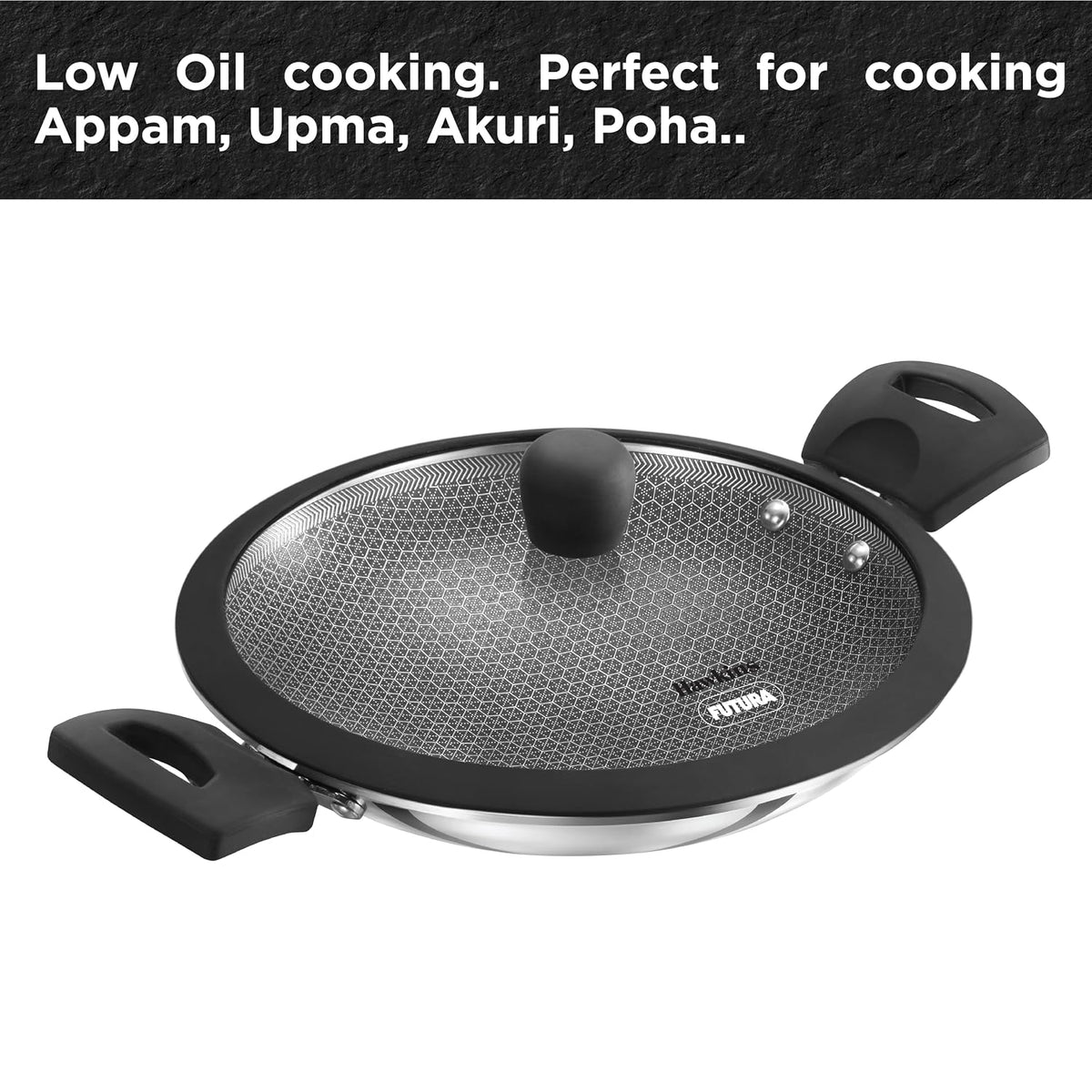 Hawkins 1.25L Breakfast Pan, Nonstick Triply Stainless Steel Appachatty with Glass Lid, Chetty Pan, Appam Patra, Honeycomb Round Bottom Small Kadai, Siler (NSA1