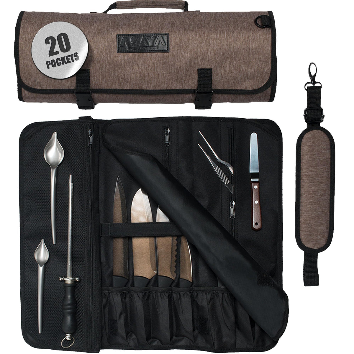 Asaya Waxed Nylon Chef Knife Roll Bag with 20 Slots and Zippered Pockets - Professional Chef Knife Bag & Storage Case, Tool Carrier with Shoulder Strap - Knives