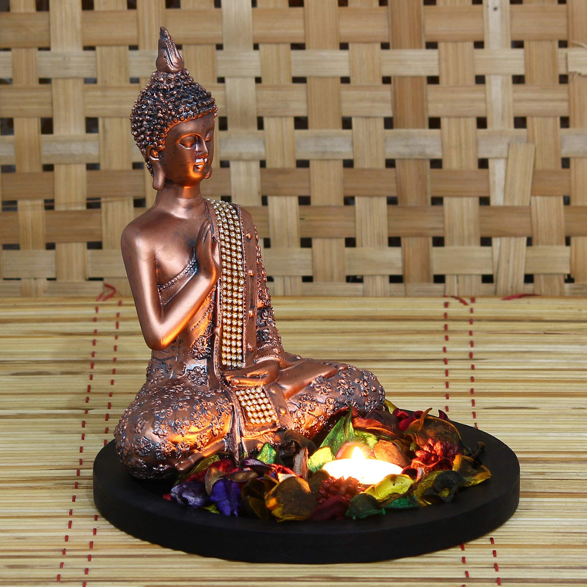 eCraftIndia Copper Finish Meditating Buddha Decorative Showpiece with Wooden Base, Fragranced Petals and Tealight MSGB531W1