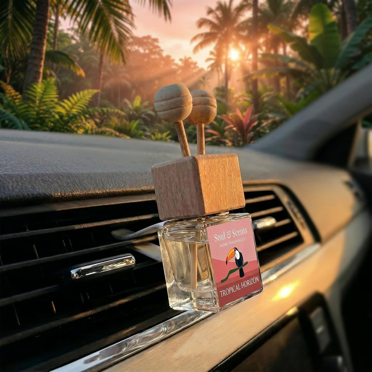 Soul & Scents 16ml Luxury Car Perfumes Raspberry | Tropical Horizon | 2-in-1 Hanging Pod & AC Vent Air Freshener | Premium Wooden Car Fragrance Accessory | Long