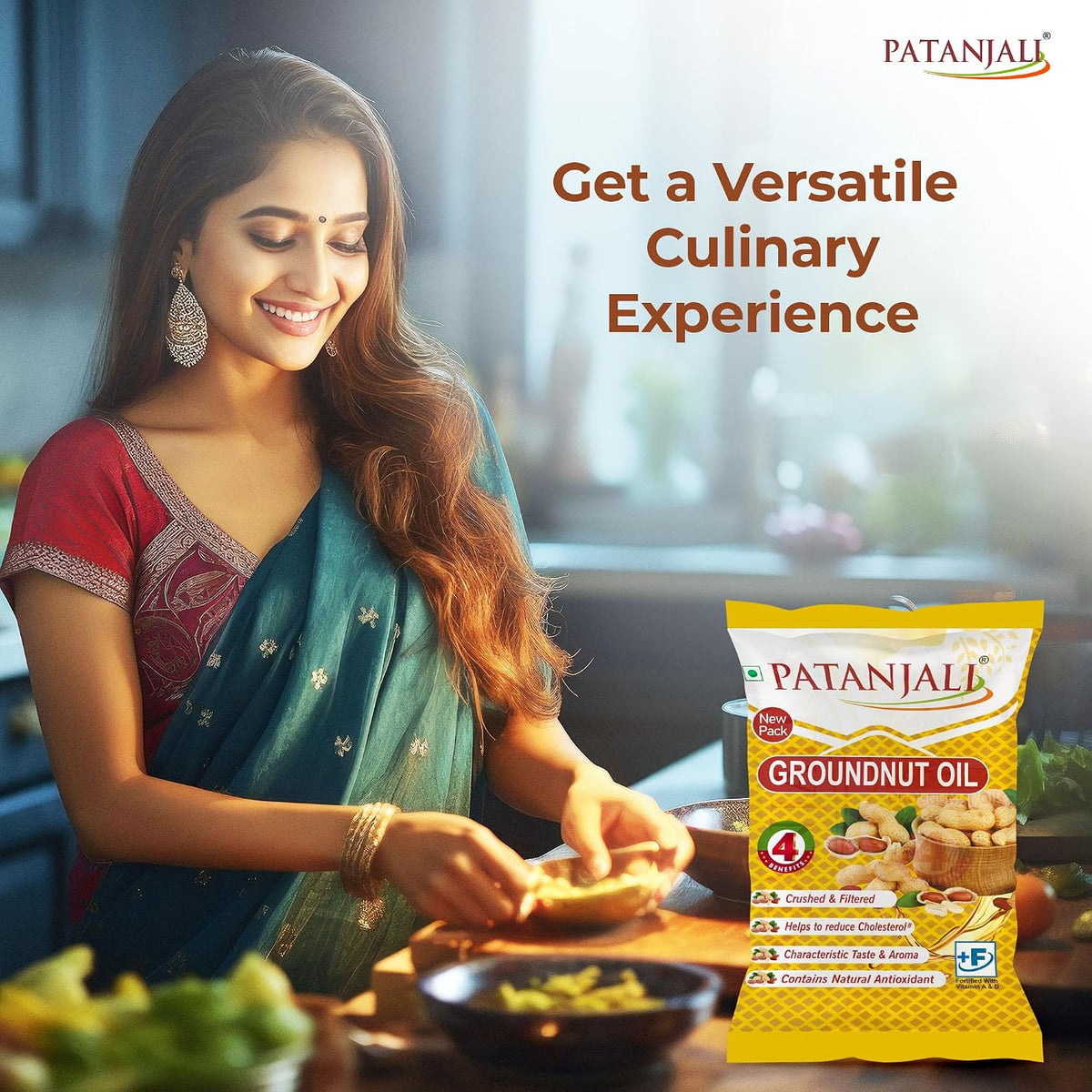 Patanjali Groundnut Oil 1L Pouch, Kacchi Ghani, Virgin, Unrefined, Cold pressed, Edible Oil for Cooking, Baking & Frying for Rich Flavour & Nutrition