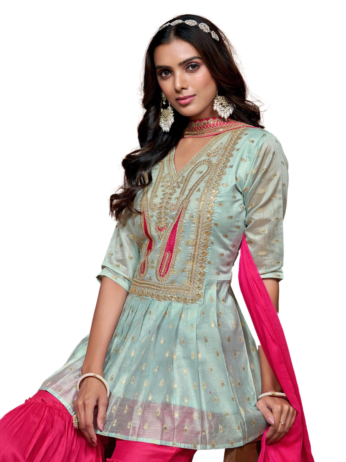 EthnicJunction Women's Chanderi Silk Embroidered A-Line Kurta Sharara with Choker Dupatta Set XX-Large