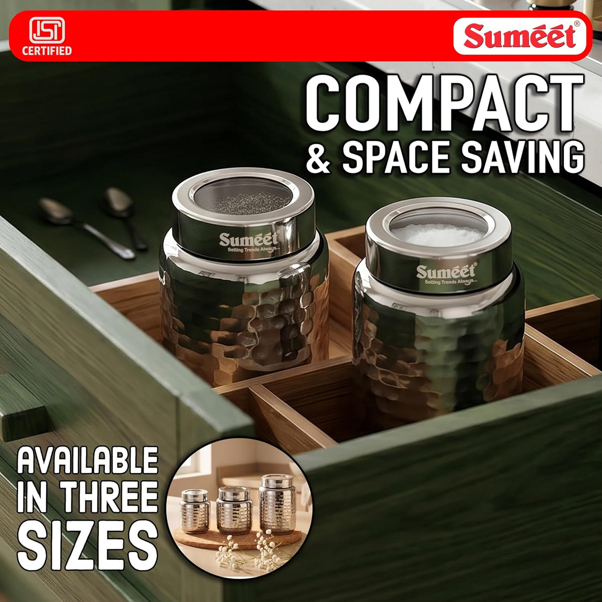 Sumeet ISI Certified Stainless Steel Hammered Canister/Container for Kitchen Storage with See Through Lid Set of 2Pcs - 950ml, 10cm Dia, Silver 950ml 2Pc