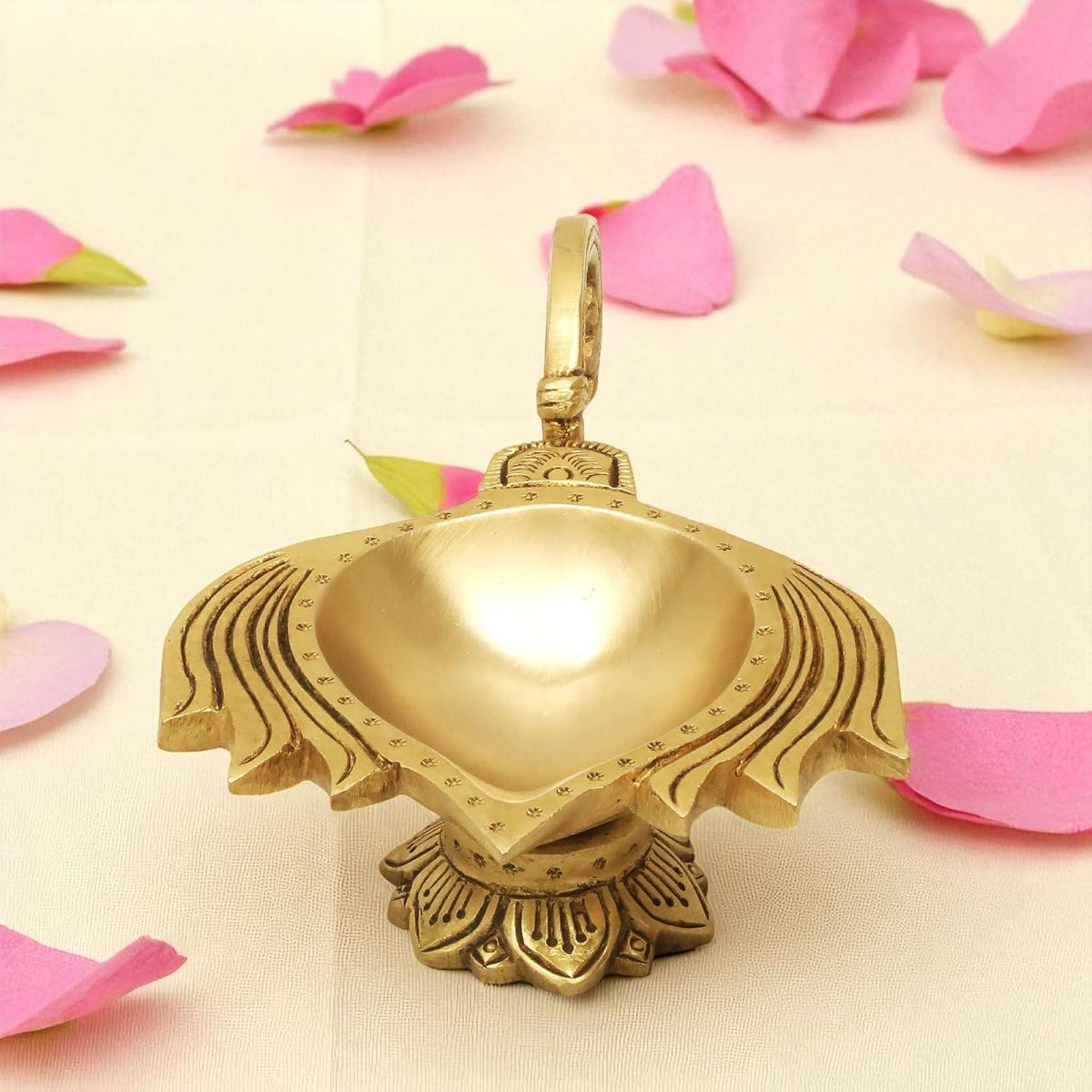 SHANTI 100% Pure Brass Lotus Shape Akahnd Diya/Oil Lamp/Kamal Patta Deepak/Diya for Puja Room (LP3421)