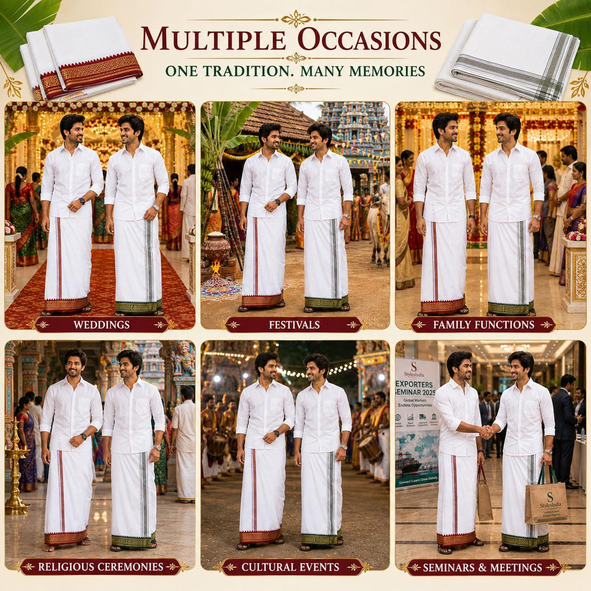 Single Layer Cotton Dhoti 1.8mts Vesti Mundu Ethnic Dress Thalapathy Style Border-White (Pack of 2)