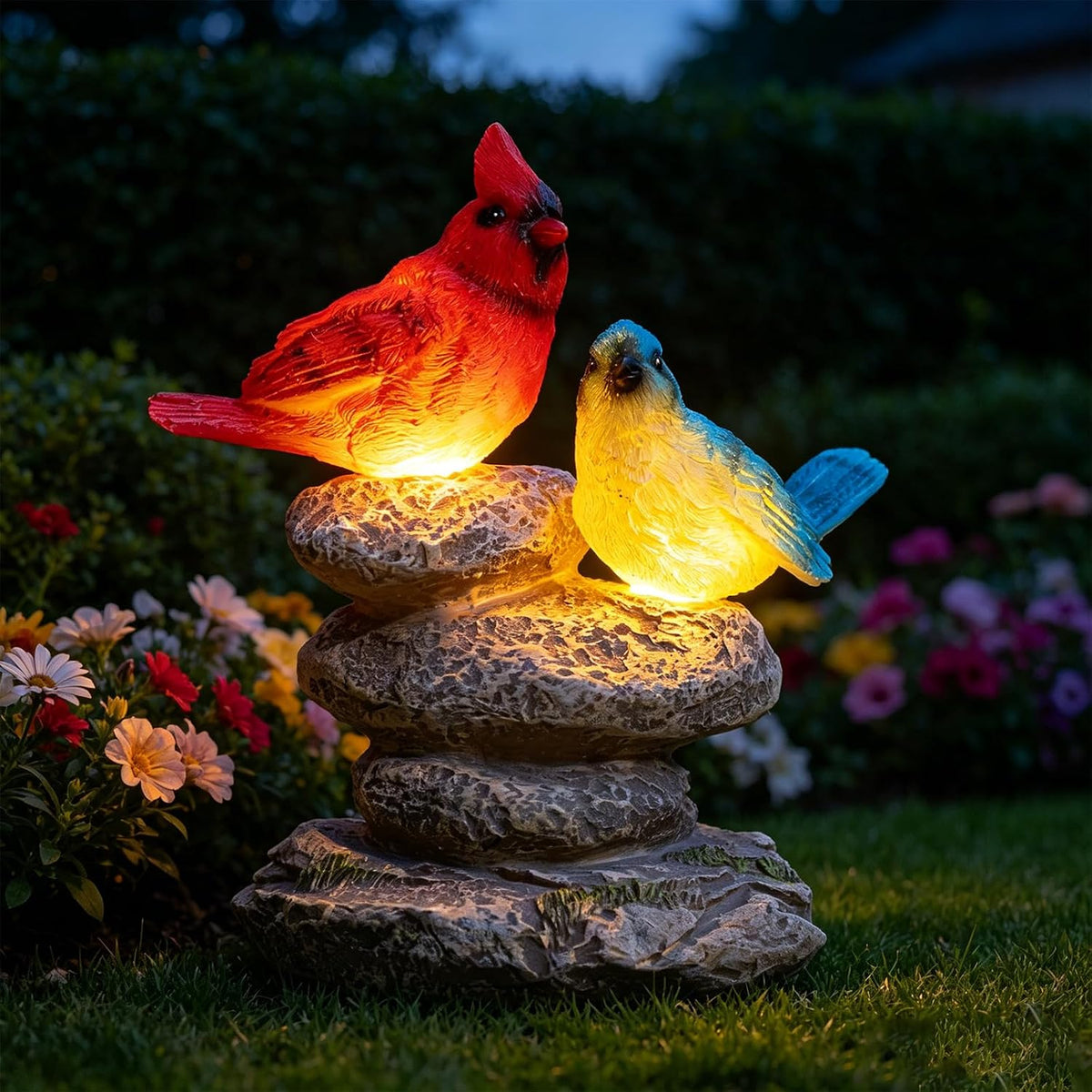 Solar Bird Garden Statue, Cardinal & Bluebird Outdoor Figurine Decor Red-blue
