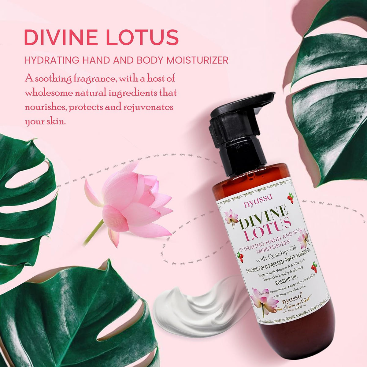 Nyassa Divine Lotus Hydrating Hand and Body Moisturizer with Rosehip Oil & Organic Sweet Almond Oil |For skin healthy & glowing | No Parabens, Sulphates, Vegeta