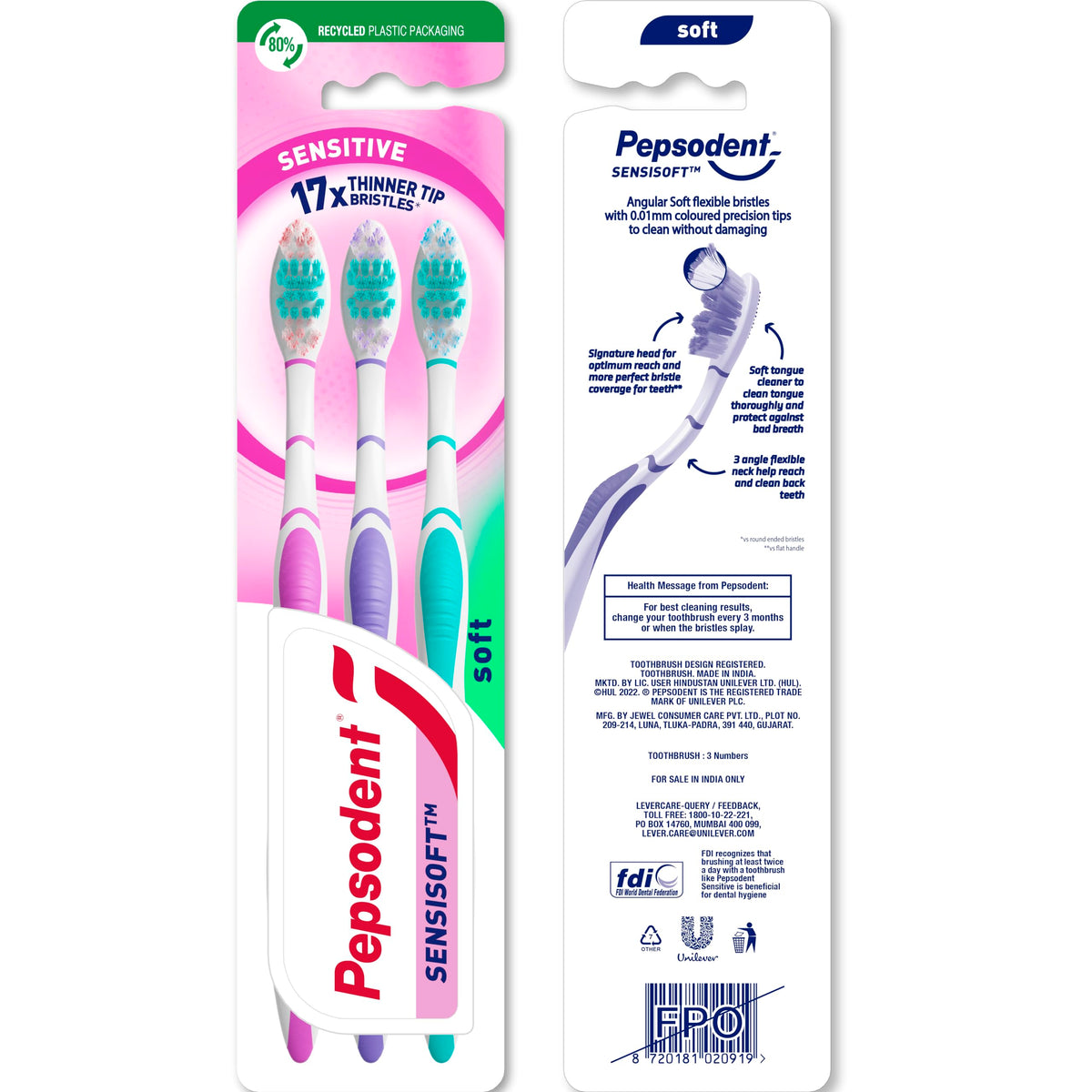 Pepsodent Sensisoft soft bristles manual toothbrush for adults - Pack of 3, Multicolor - for sensitive teeth and gums