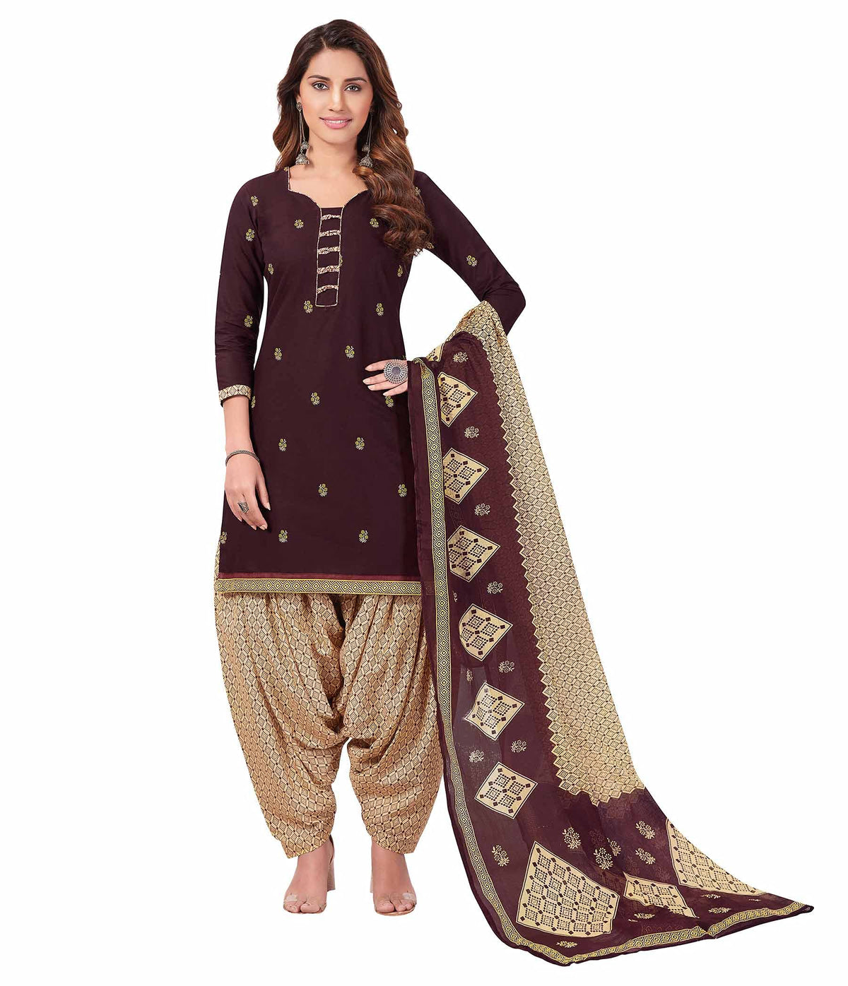 Miraan Cotton Printed Readymade Salwar Suit For Women (BANDCOLOR936) XL Brown