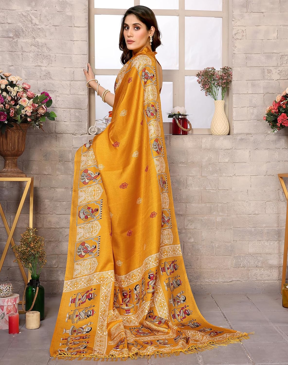 Yashika Womens Silk Pom Pom Woven Saree with Unstitched Blouse One Size Yellow