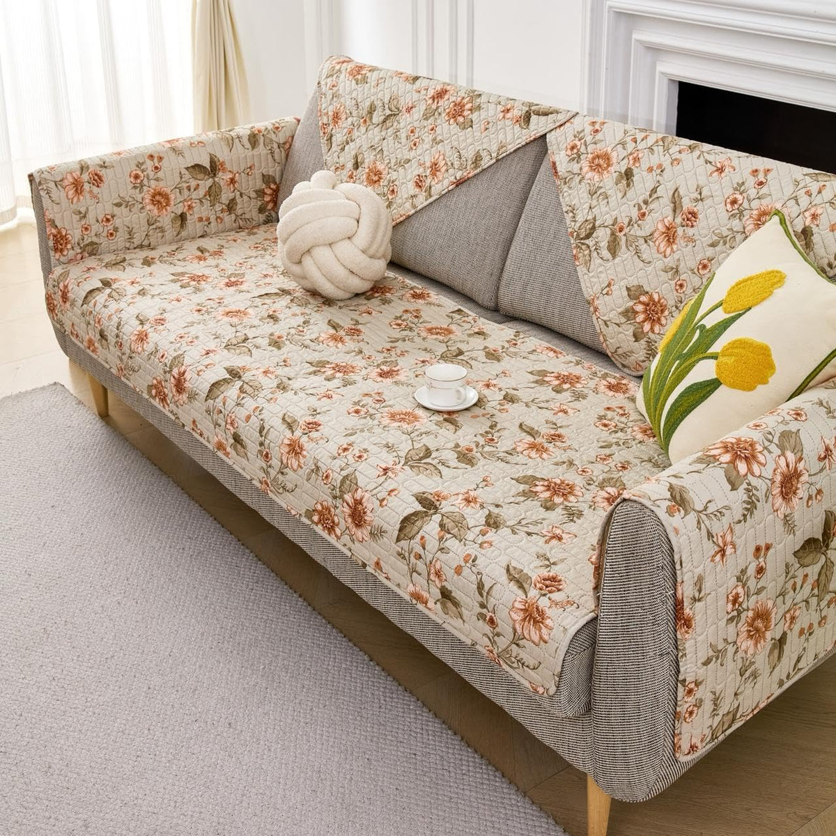 HOMETHREADS Anti-Skid Sofa Protector Mat: Premium Printed Cotton Slipcover with Strong PVC Non-Slip Backing (Beige, 2 Seater | 140x75cm) Beige 2 Seater | 140x75