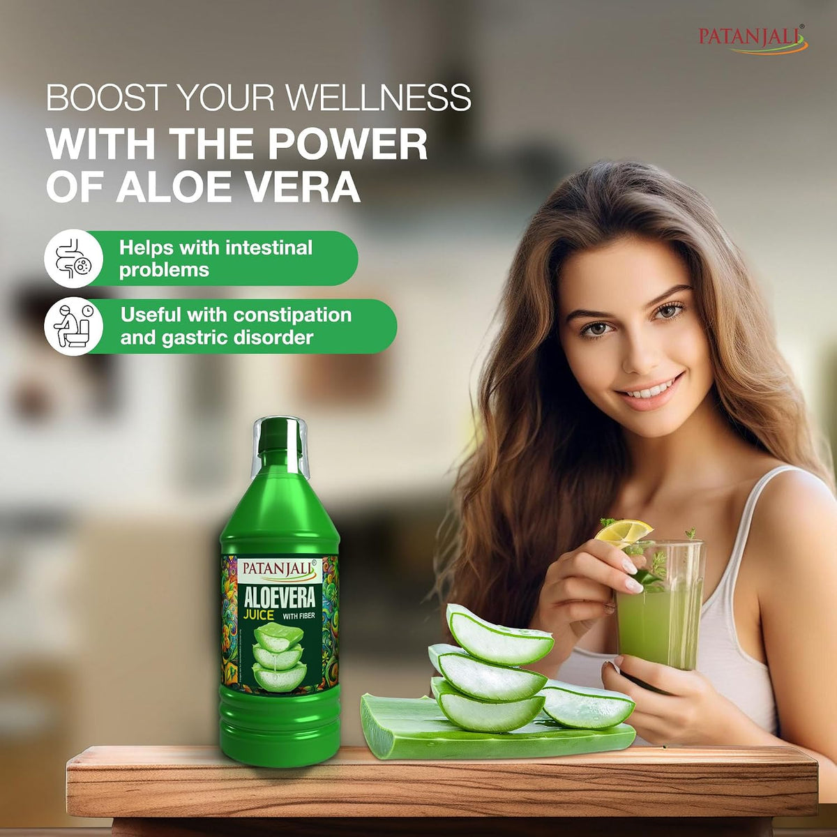 Patanjali Aloe Vera Juice with Fiber, Immunity Booster, Natural Indian Ayurvedic Drink, Gives Glowing Skin, Promotes Hair Growth, Rich in Dietary Fiber - 1L