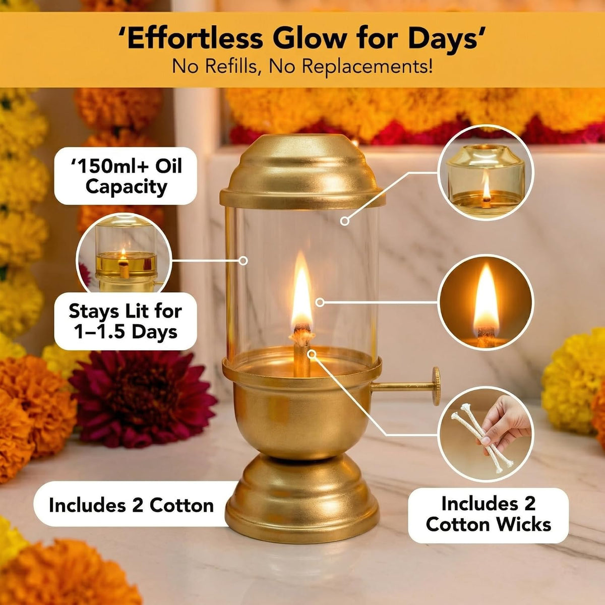 Akhand Diya with Adjustable Bati Knob, Wick Lifting Screw Lever