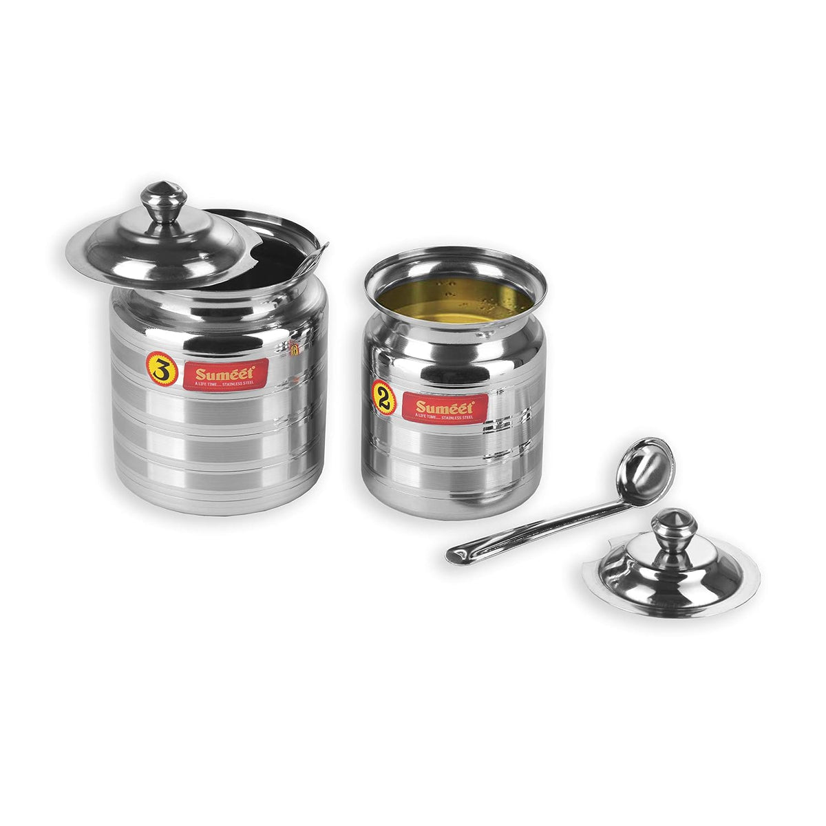Sumeet Stainless Steel Pot Set for ghee; oil with lid and spoon to scoop out 2 Piece combo of 350ml; 500ml; Silver