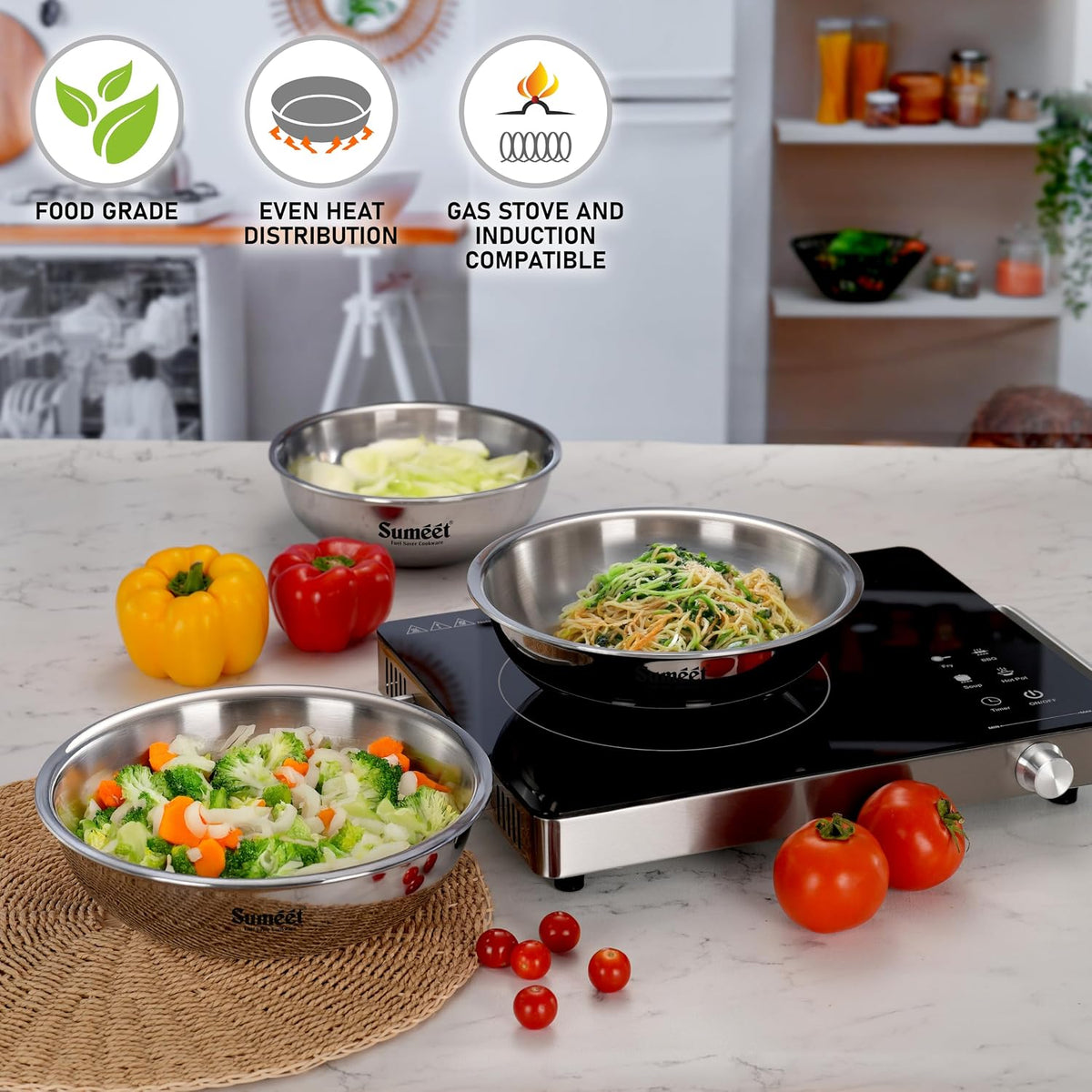 Sumeet Cook Smart TriPly Steel-Aluminium-Steel - 3 Layers Cookware Tasra Set of 3Pc 1.1Ltr, 1.75Ltr & 2.150Ltr / 2.5mm Thick/Deep Tasra/Kadhai for Induction Fri
