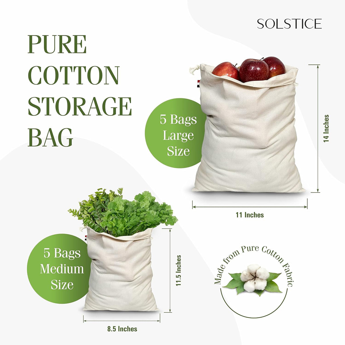 SOLSTICE Cotton Muslin Fridge Storage Bags for Vegetables and Fruits Kitchen | Washable, Reusable, Multipurpose Storage and Straining bags - Set of 10 ( 5 large