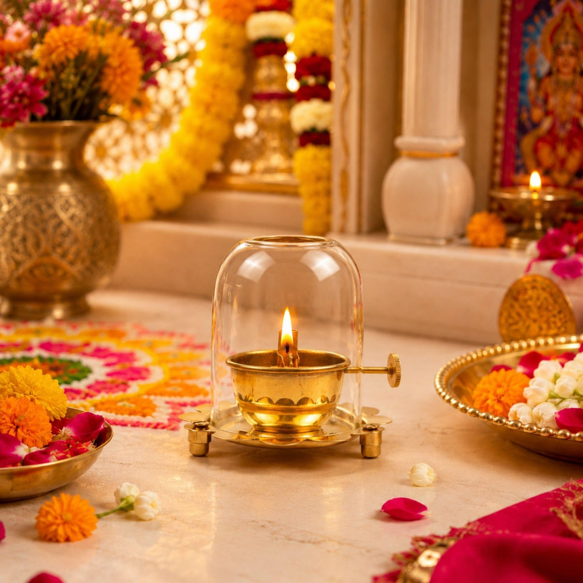 Klassic 3 Inch Pure Brass Akhand Jyoti Diya with Flower Design Stand & Glass Cover | Traditional Oil Lamp with Adjustable Wick Lever for Home Temple, Diwali, Na