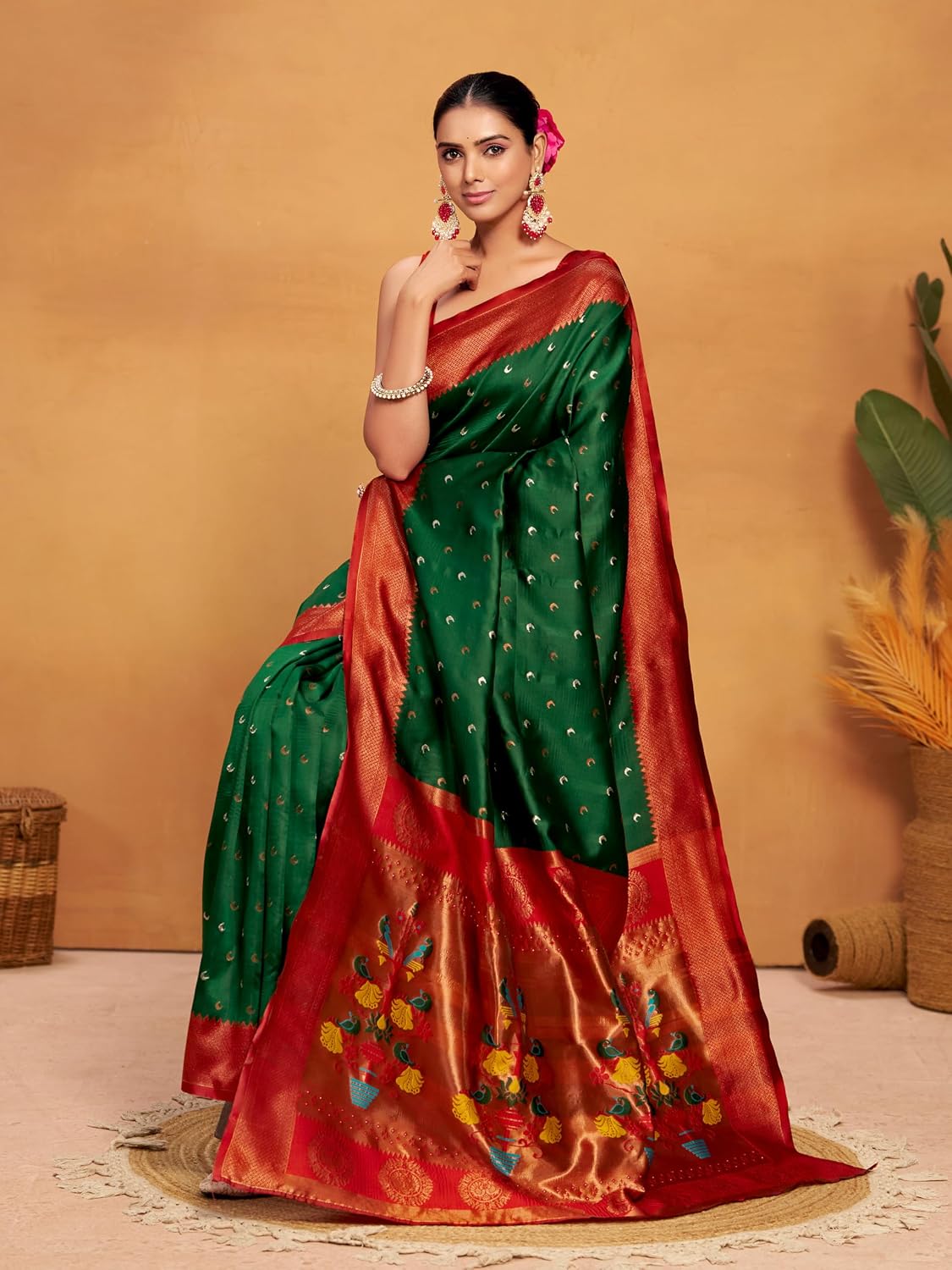 EthnicJunction Women's Silk Woven Paithani Saree With Blouse Piece Bottle Green