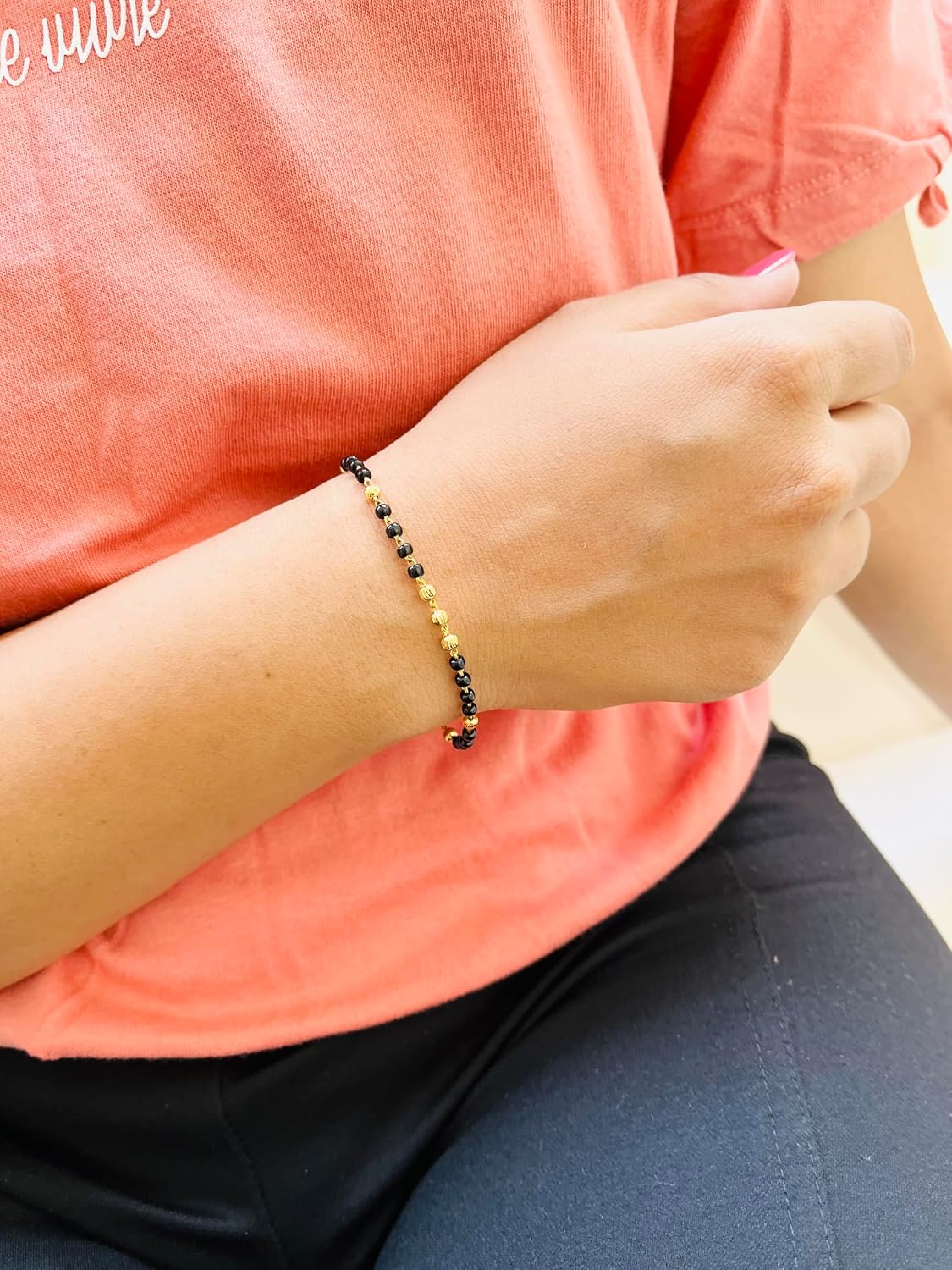 JHB Unique & Latest Black Bead Hand Bracelet Mangalsutra for Women (Yellow)