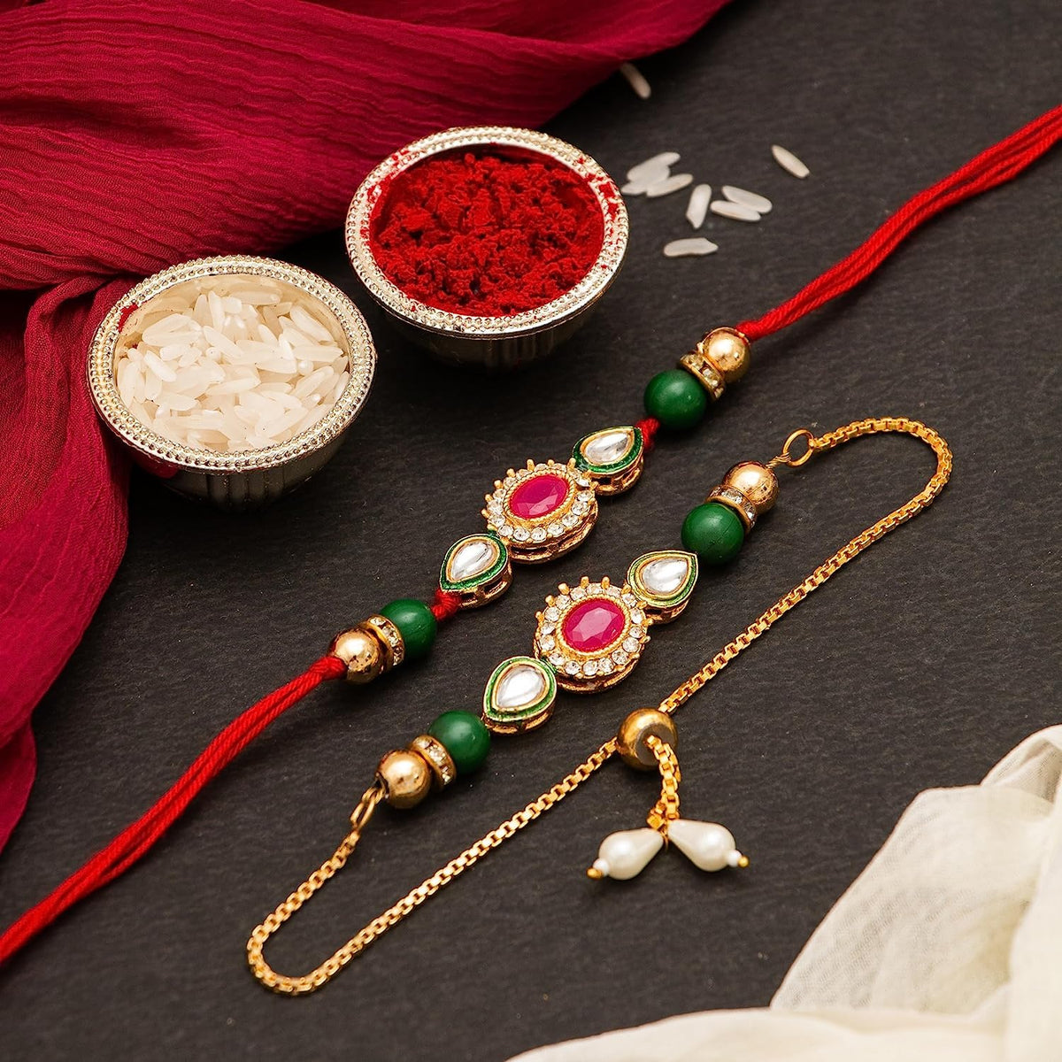 CraftVatika Rakhi Set for Brother and Bhabhi, Lumba Floral Rakhi Kundan Bracelet Rakhis for Bhaiya Bhabhi Rakhis for Rakshabandhan Couple Pearl Set of 2 with Fr