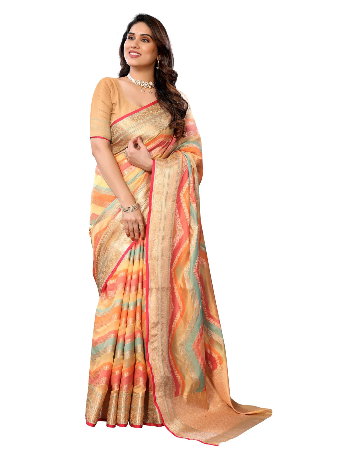 Sidhidata Women's Organza Golden Zari Jacquard Boarder & Pallu ZigZag Saree With Unstitched Blouse Piece (Maharani) Chikoo