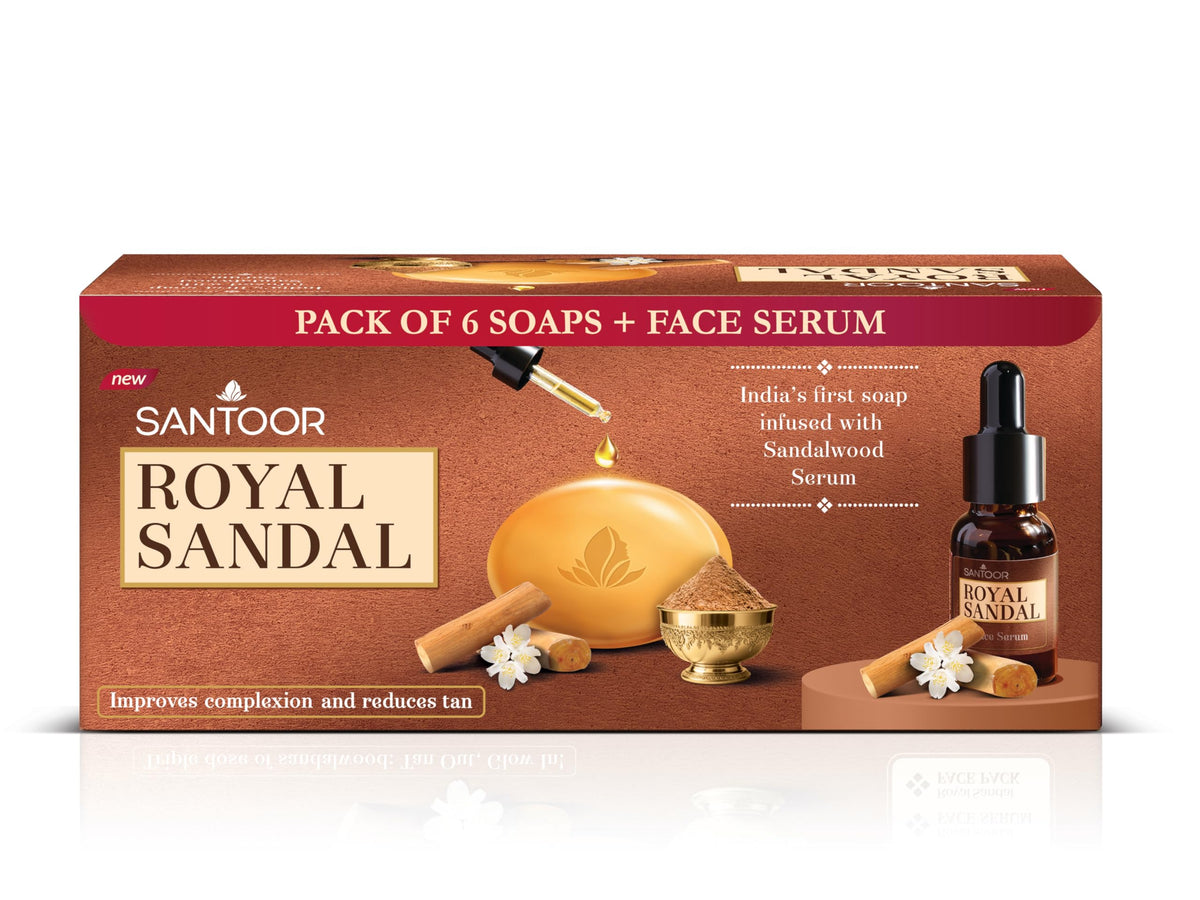 Santoor Royal Sandal Soap & Face Serum | Infused with Sandalwood Serum | Tan Removal | 100% Pure Sandalwood Oil & Powder | Helps Reduce Tan for Even-Toned, Glow