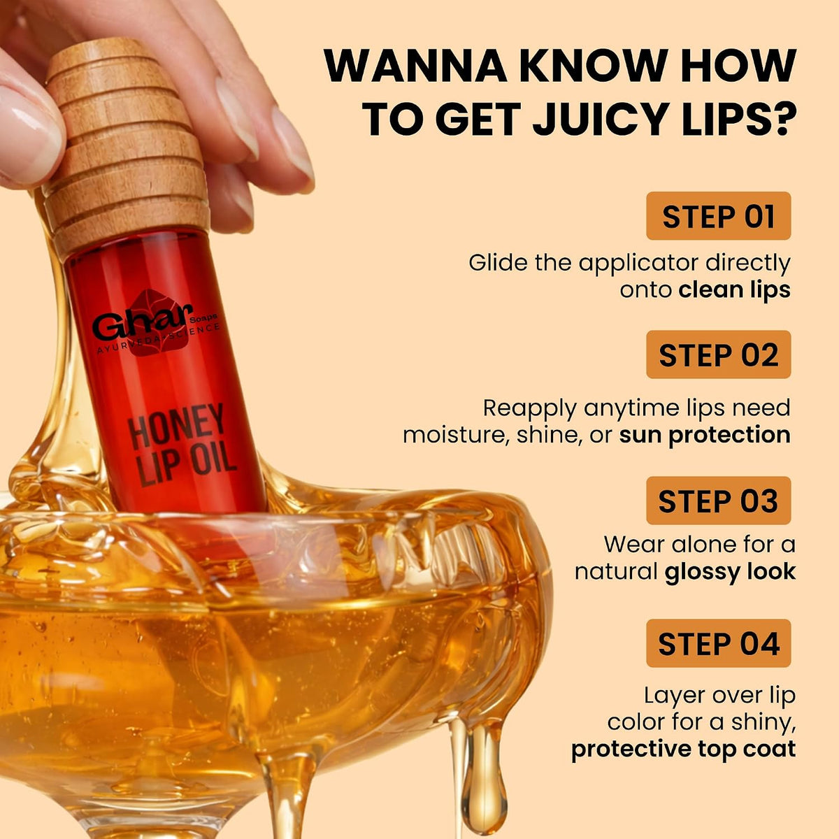 GHAR SOAPS Honey Lip Oil SPF 30 PA+ | Hydrating, Non-Sticky Gloss with Honey & Vitamin E (10 ml, Kiss Me Babe)