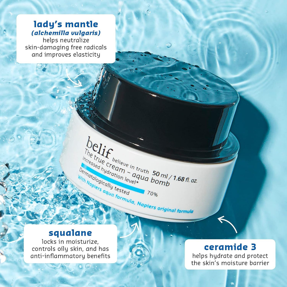 belif The True Cream Aqua Bomb | 48 hours long lasting Hydration | Ultra-Lightweight Gel-Cream Face Moisturizer | Hydrating Korean Skincare for Normal, Combinat
