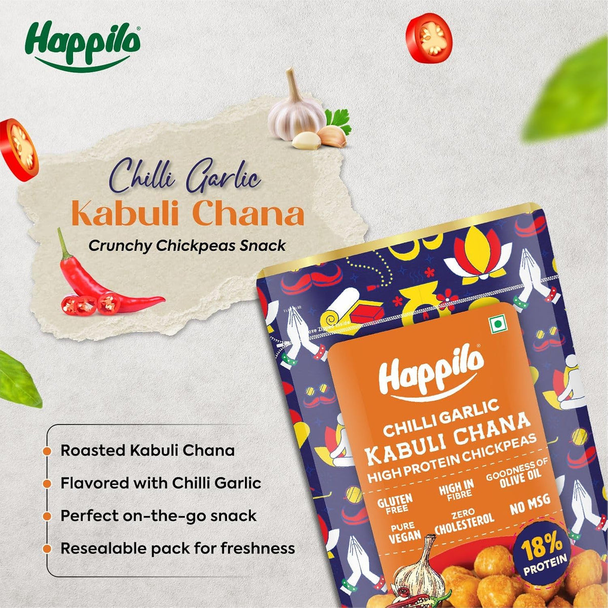 Happilo Premium Super Snack Chili Garlic Chickpeas 110Gm, Crunchy And Delicious, Super Healthy 110 g (Pack of 1)