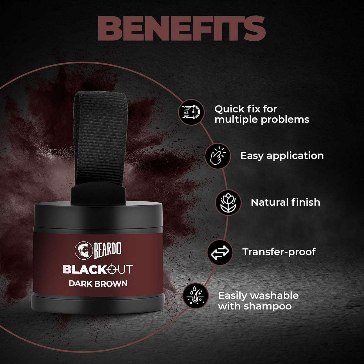 Beardo Blackout Hair Powder 4g - Brown | Root Touch Up for Grey Hair | Instantly Covers Grey Roots, Beard Patches & Bald Spots | Thick Brown Fiber Hairline Powd