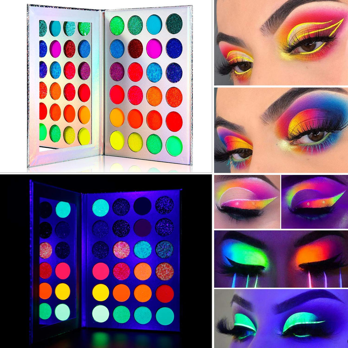 DE'LANCI Neon Eyeshadow Palette Glow in the Dark, Aurora Glow Eyeshadow Pallets Stage, Halloween Christmas Makeup Kit UV Blacklight Matte and Glitter Fluorescen