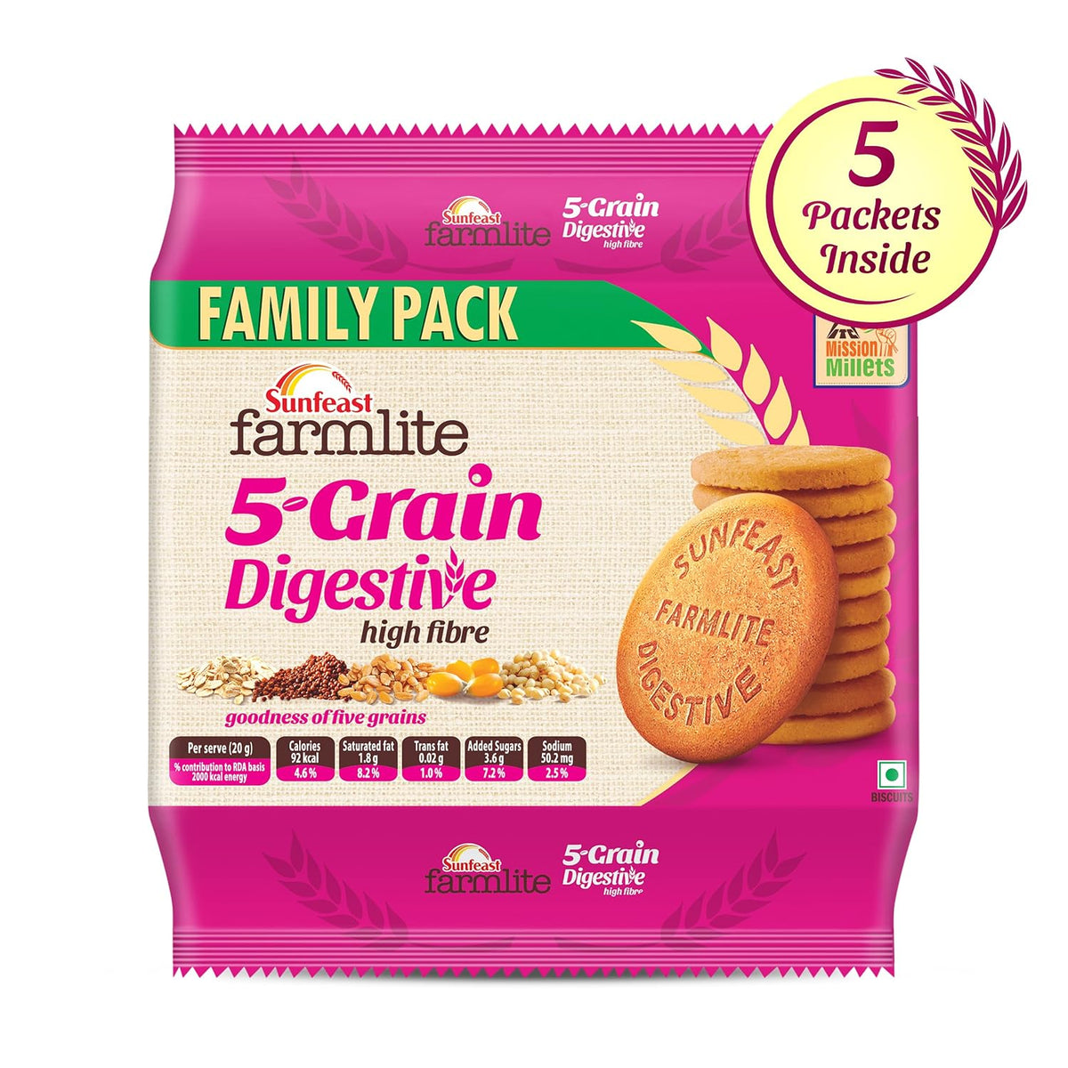 Sunfeast Farmlite 5 Seed Digestive Biscuit | High Fibre | Goodness of 5 Power Seeds & Wheat Fibre | 800g/955g ( weight may vary) Multigrain 800 g (Pack of 1)
