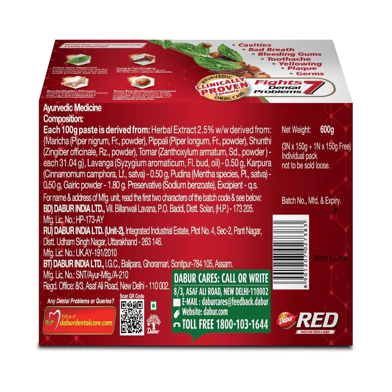 Dabur Red Toothpaste - 1200g (600gx2)| Fluoride Free | Helps In Bad Breath Treatment, Cavity Protection, Plaque Removal | For Whole Mouth Health | Power Of 13 Potent Ayurvedic Herbs