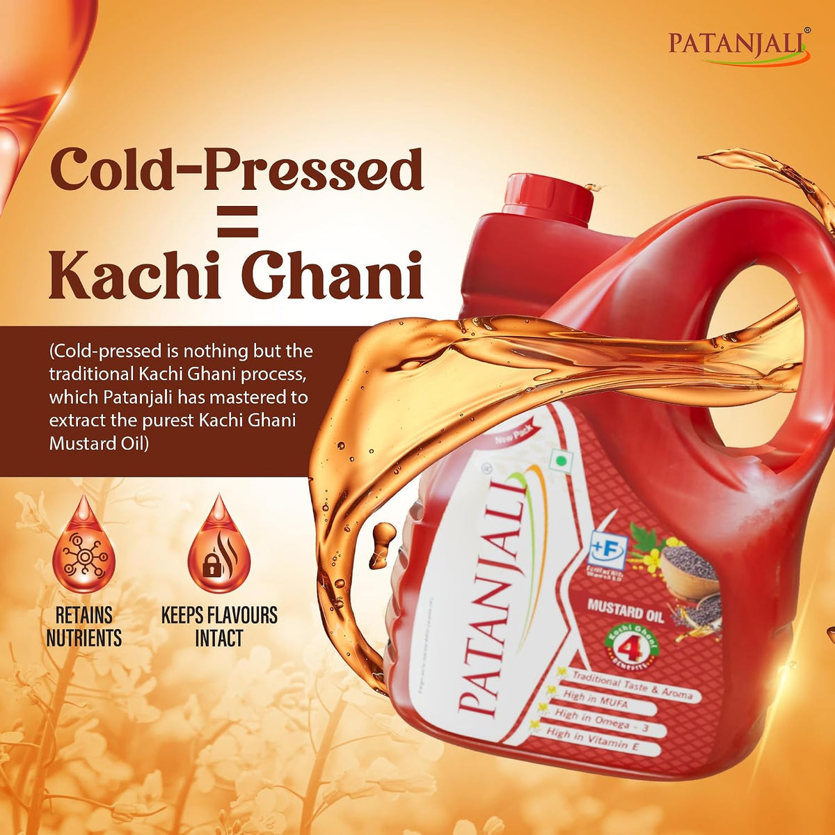 Patanjali Kachi Ghani Mustard Oil 5L - Cold Pressed Sarson Ka Tel Edible Cooking Oil | Suitable for Tempering Frying & Pickling | 100% Vegetarian | No Additives