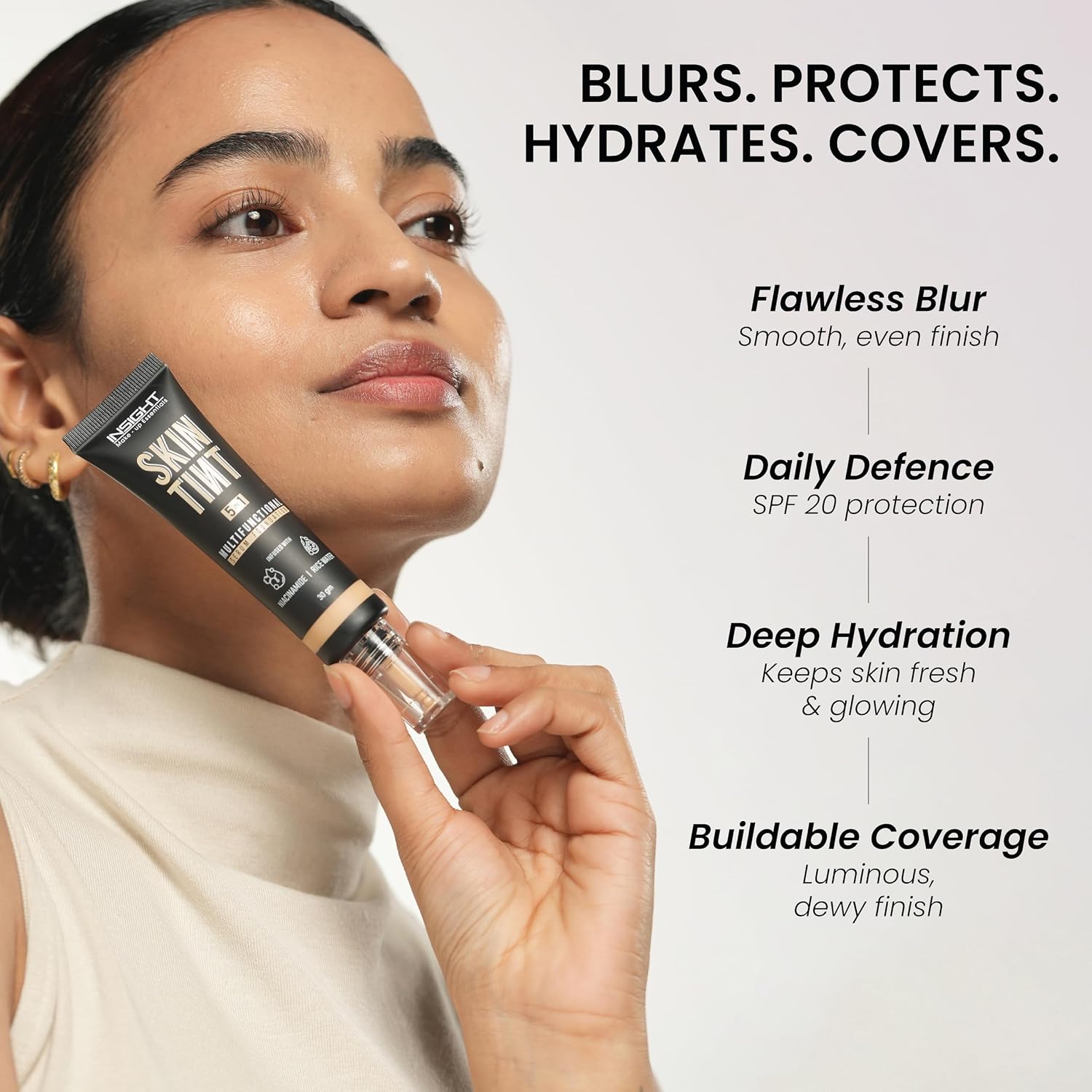 INSIGHT Skin Tint 5-in-1 Serum Foundation (30g) | SPF 20 PA++++ | Lightweight, Hydrating & Brightening with Niacinamide & Rice Water | Primer, Moisturizer & Sunscreen in One | For All Skin Types - Shade: Brewtiful