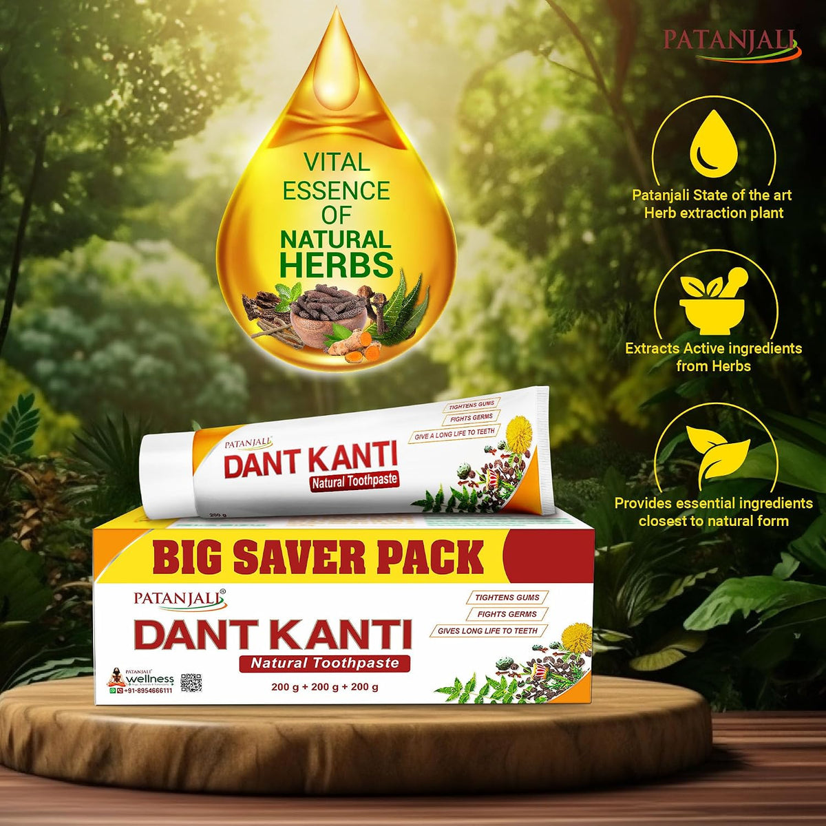 Patanjali Dant Kanti Natural Toothpaste 600g (200gx3), Super Saver Value Pack, Strengthens Teeth, Tightens Gums & Promotes a Cavity-Free, Healthy Smile (Pack of