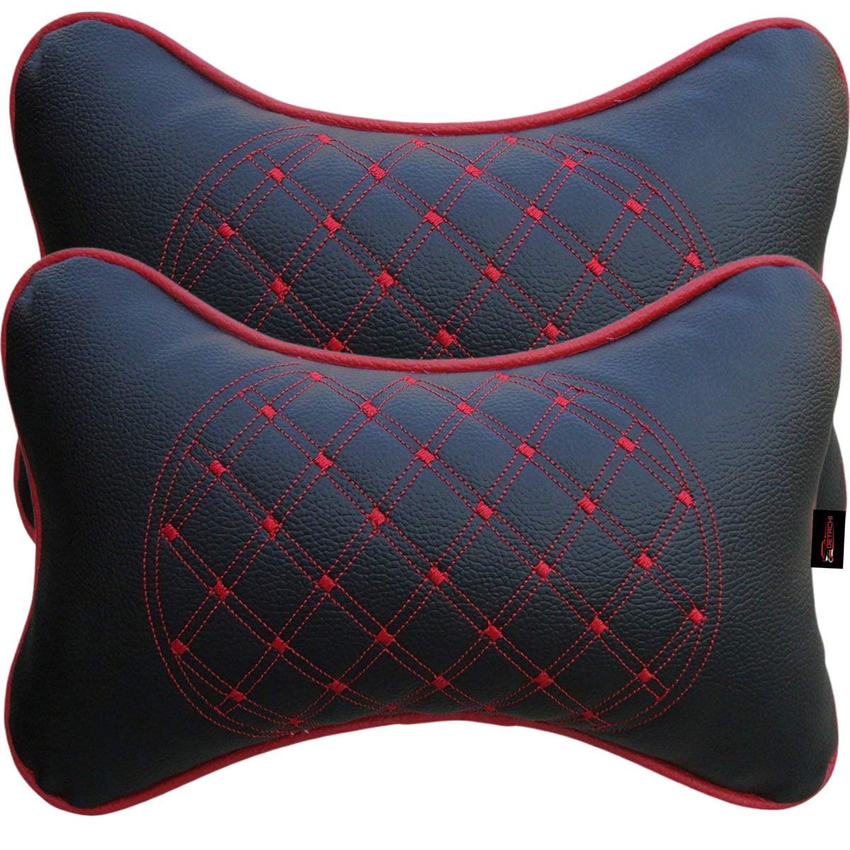 DETACHI Faux Leather Car Neck Rest Pillow/Cushion Set of Pillows Compatible with All Cars (Black, with RED Embroidery) - Pack of 2 Pieces Red & Black