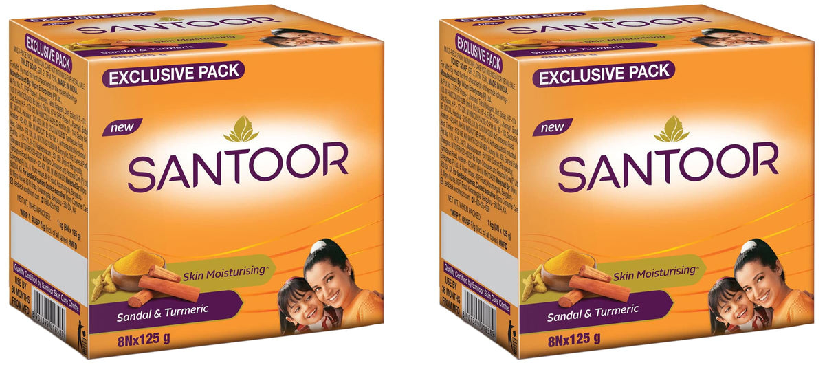 Santoor Sandalwood and Turmeric Bath Soap for Younger Looking and Glowing Skin, Combo Offer, 125 g (Pack of 16)