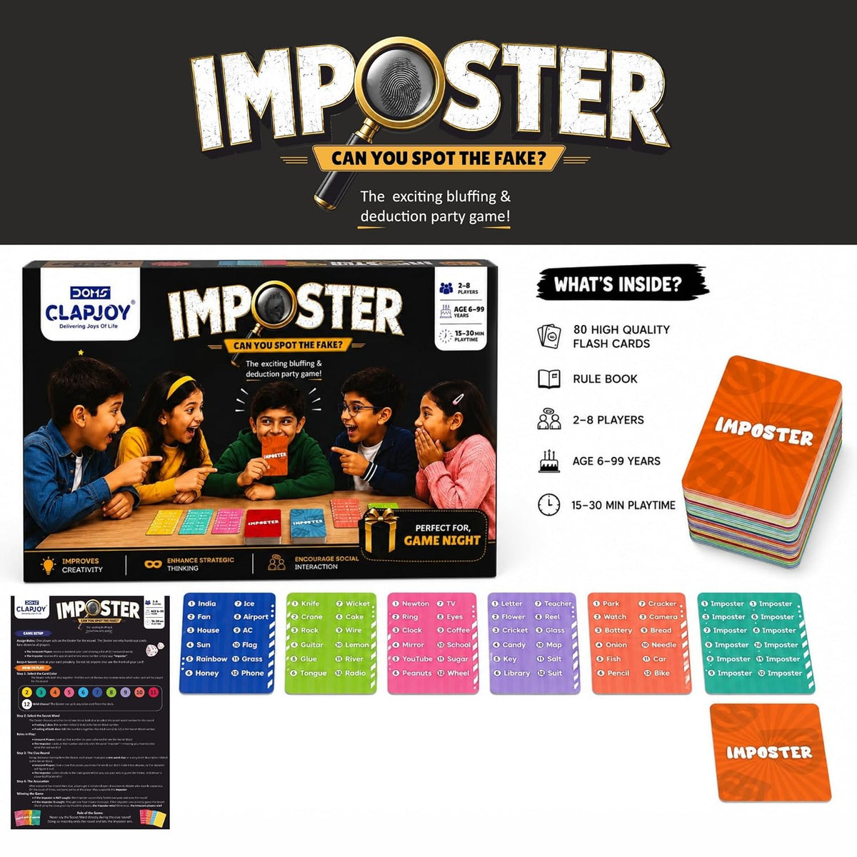 Clapjoy Board & Card Game – Imposter: Can You Spot The Fake? | 80 Cards | Bluffing &Deduction Party Game | Fun for Family Game Nights, Travel, Gifts for Teens &
