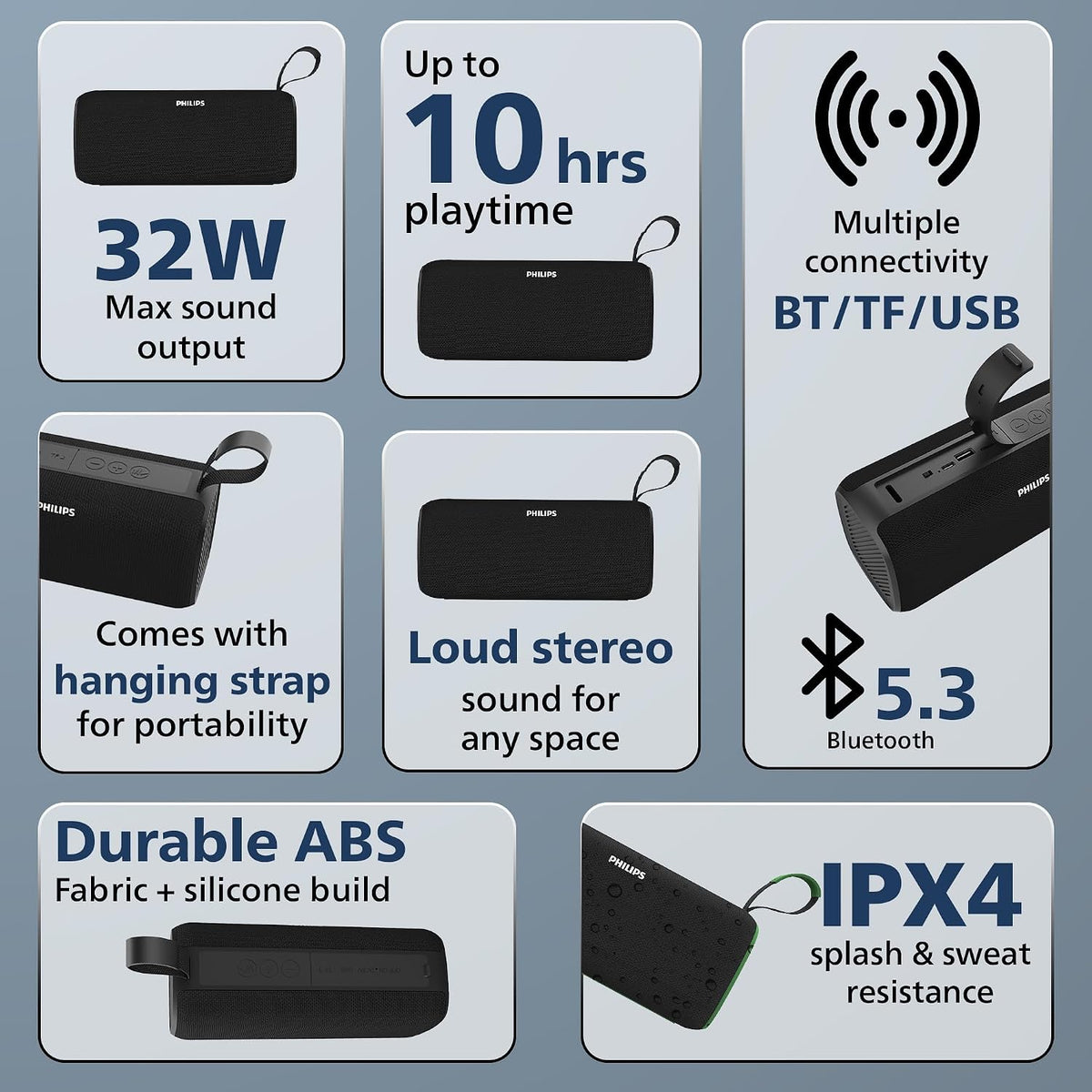 PHILIPS Audio TAS2400BK Portable Bluetooth Speaker with Stereo Sound, 32W RMS, 2400mAh Rechargeable Battery, BT v5.3 Connectivity, IPX4 Waterproof, Supports TF/