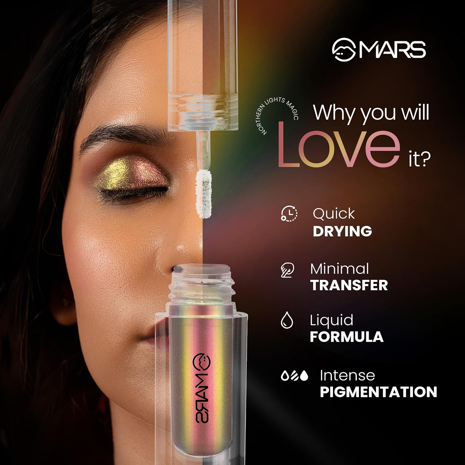 MARS Northern Lights Liquid Eyeshadow With Dual-Tone Chrome Effect | Liquid Shimmer | One Swipe Pigmentation | Smudge Proof | Light Weight Formula (1.8ml) (05-Greenlandic Gleam)