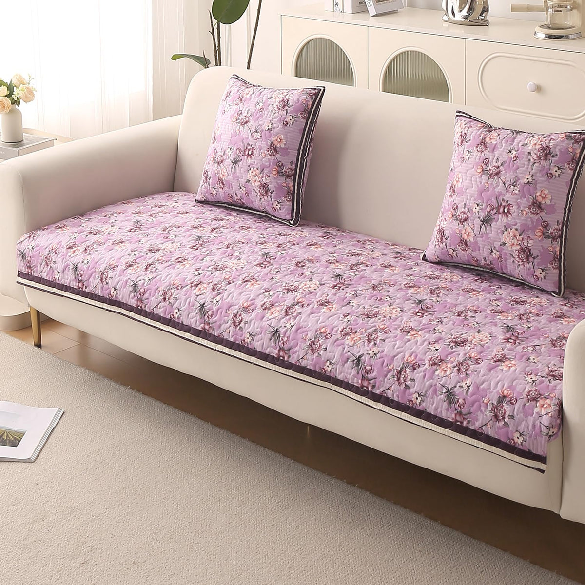 HOKIPO Florentina Sofa Cover Mat 4 Seater 220 cm, Peony Lavender Peony Lavender Mat - 1 Pc Seat - 220 cm
