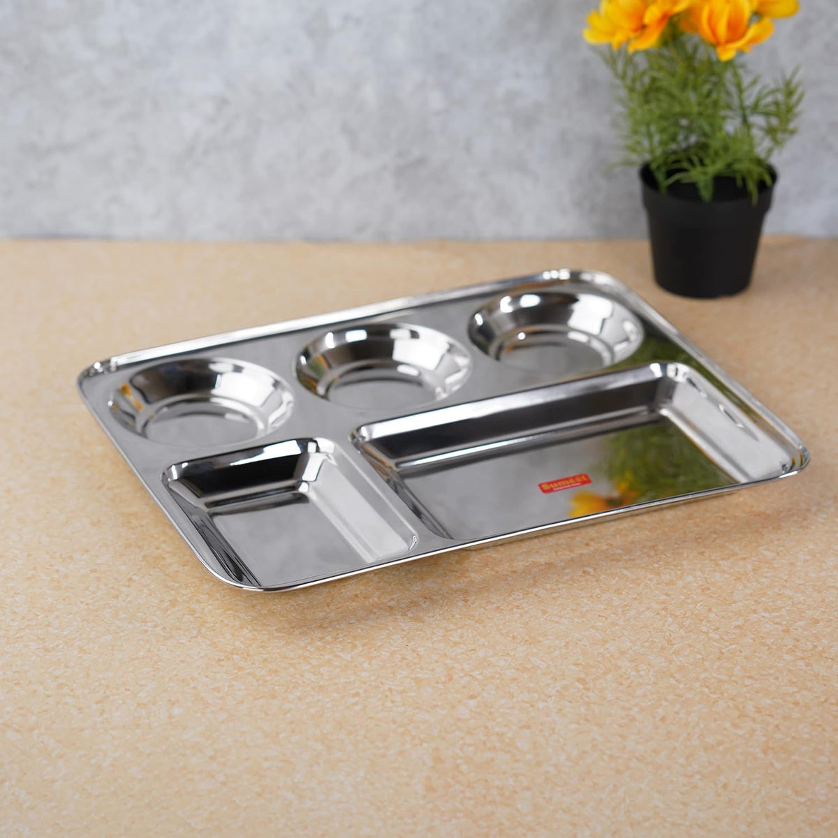 Sumeet Stainless Steel Rectangular 5 in 1 Compartment Lunch/Dinner Plate 1Pc, 37.4cm Dia, Silver BIG 1PC