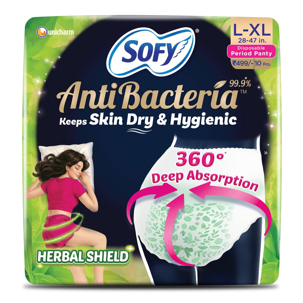 Sofy AntiBacteria Period Panty for Women | L-XL Size, Pack of 10 | 360° Deep Absorption with Herbal Shield | Keeps Skin Dry & Hygienic | Disposable Leakproof Pa
