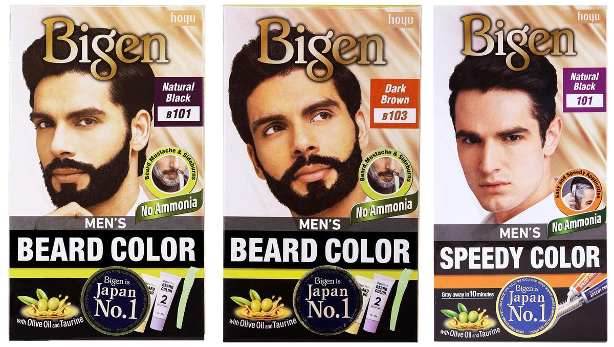 Bigen Men's Beard Color Pack of 3: Natural Black (40g) & Dark Brown (40g) & Speedy Color Natural Black (80g), Ammonia Free, Powder, Natural, Semi-Permanent, Cov