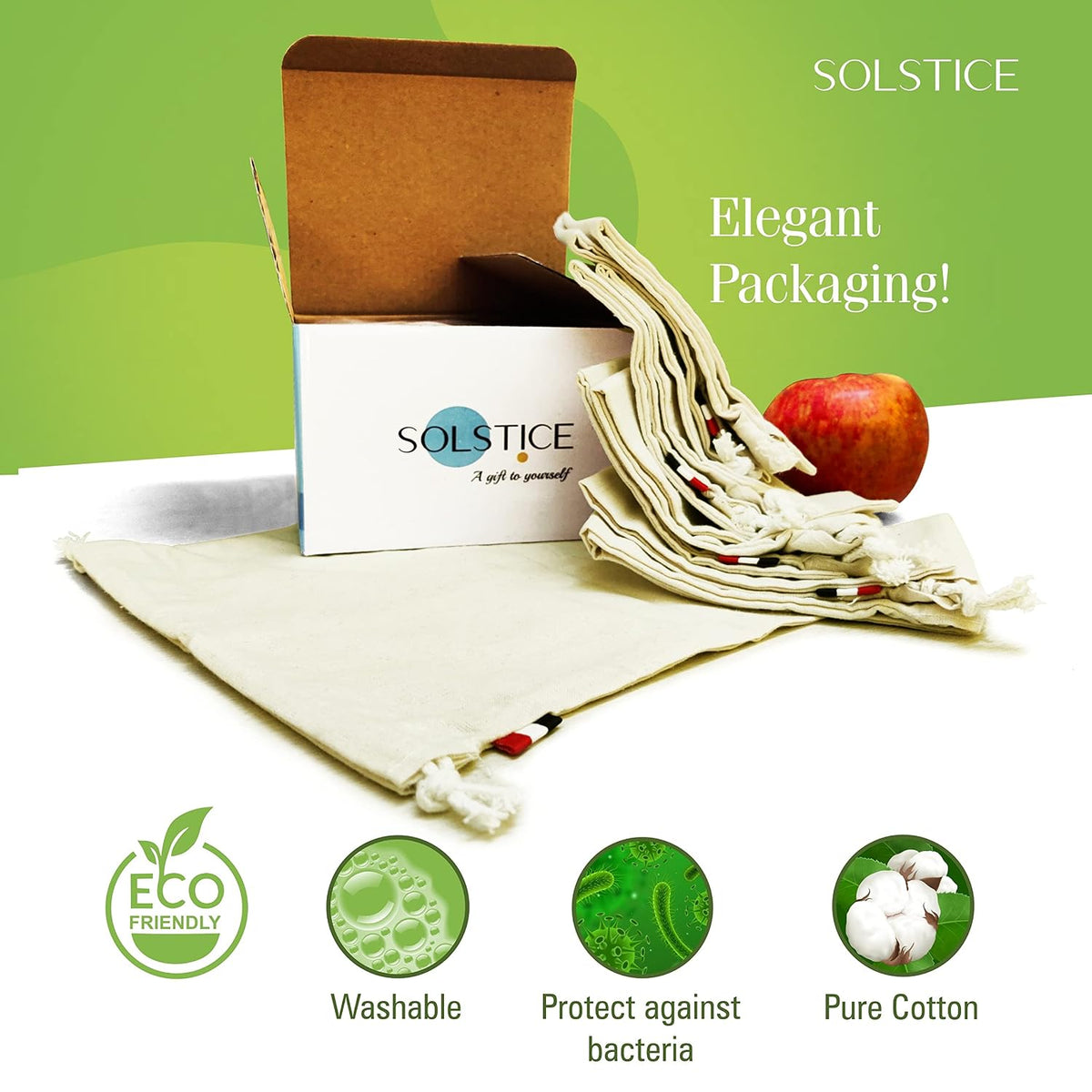 SOLSTICE Cotton Muslin Fridge Storage Bags for Vegetables and Fruits Kitchen | Washable, Reusable, Multipurpose Storage and Straining bags - Set of 10 ( 5 large