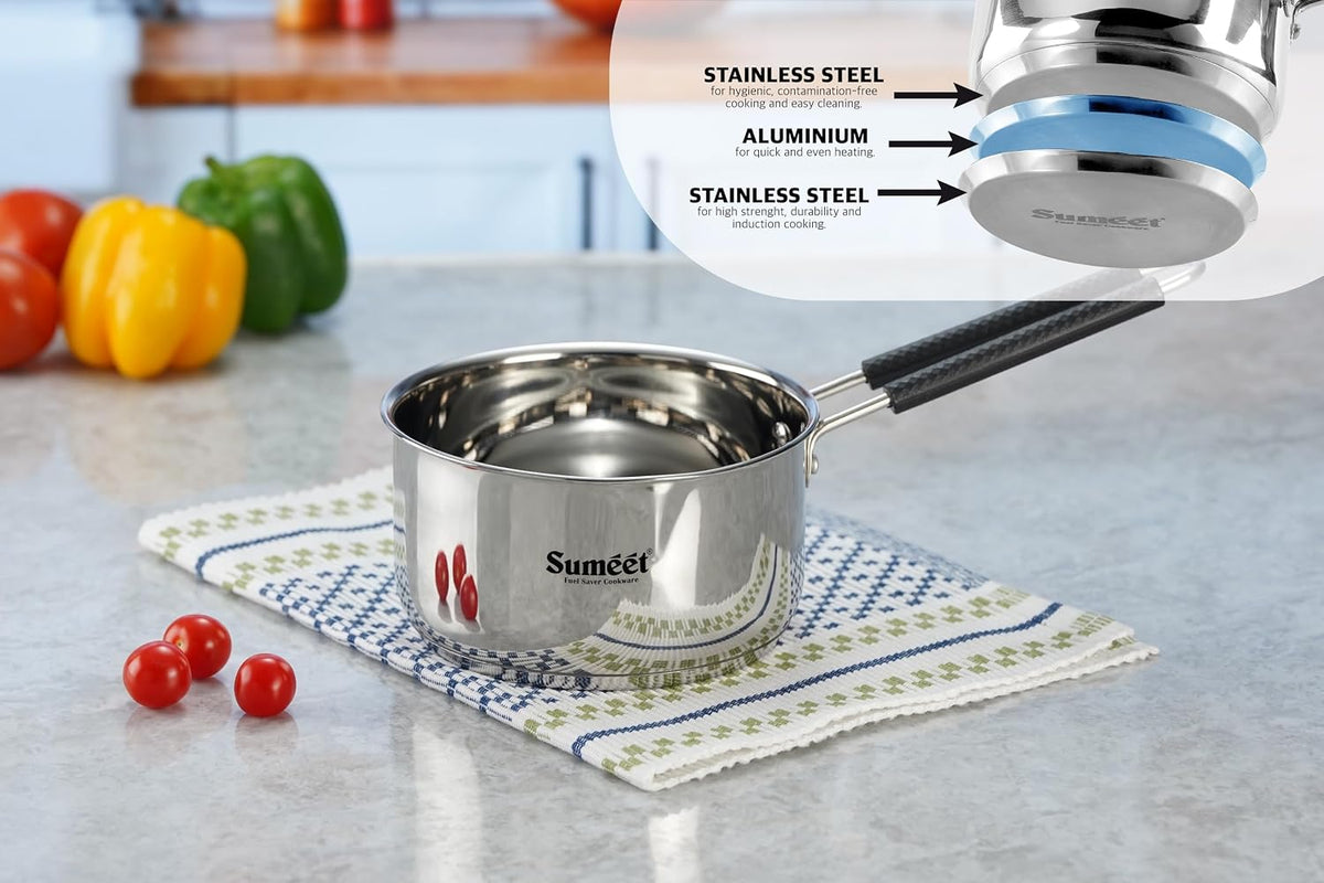 Sumeet Stainless Steel Induction Bottom Gas Stove & Induction Friendly Saucepan with Bacelite Wire Handle, 1750ml, 16 cm Dia, Silver 1.8 Litres